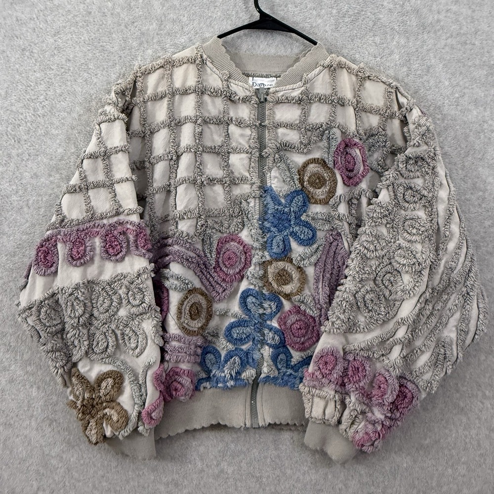 Damze Bomber Jacket Women XL Gray Chenille Tufting Floral Full Zip Cottagecore